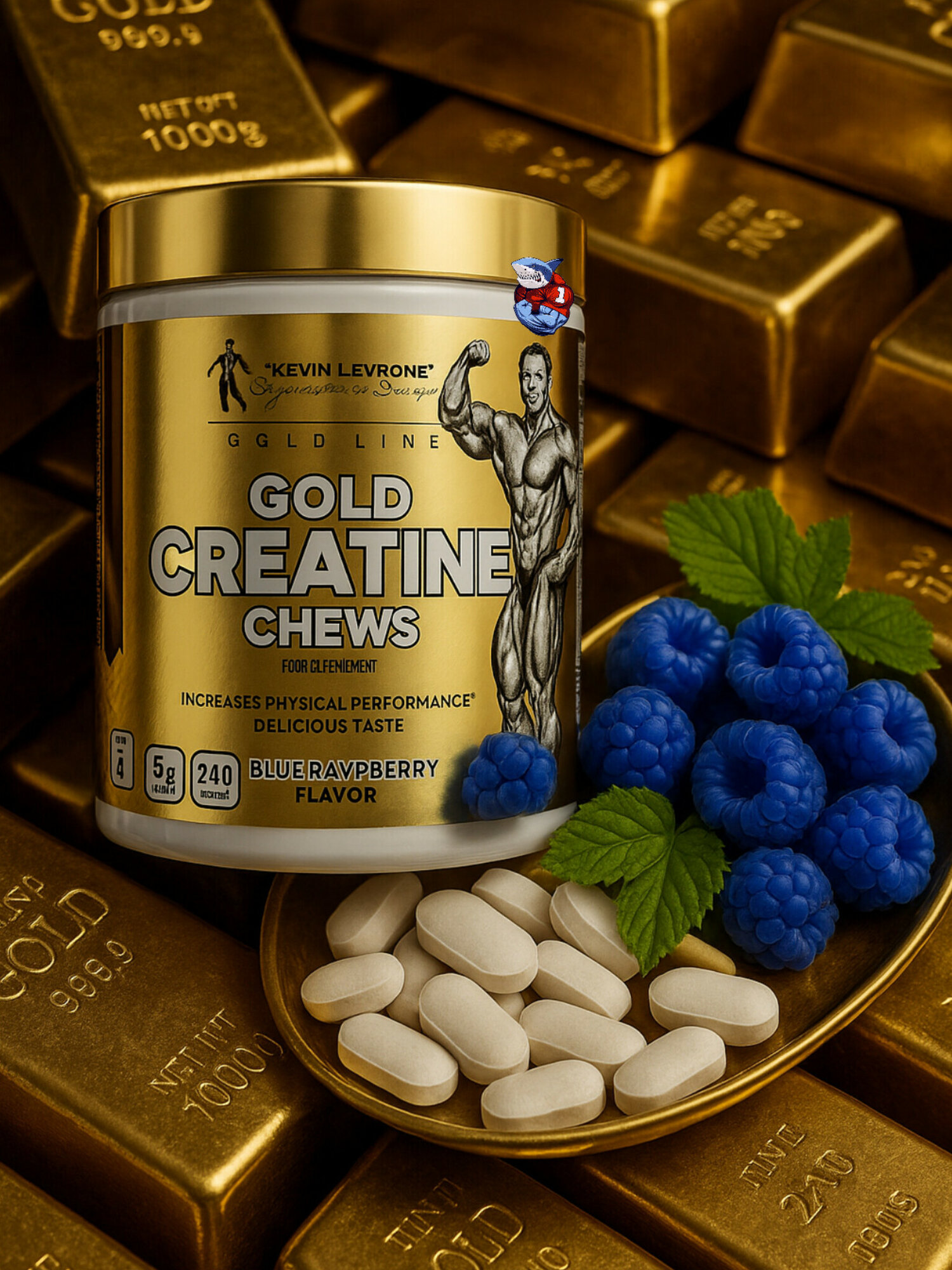 Креатин Gold Creatine Kevin Levrone, 48 порций, 240 жевательных таблеток. Синяя малина