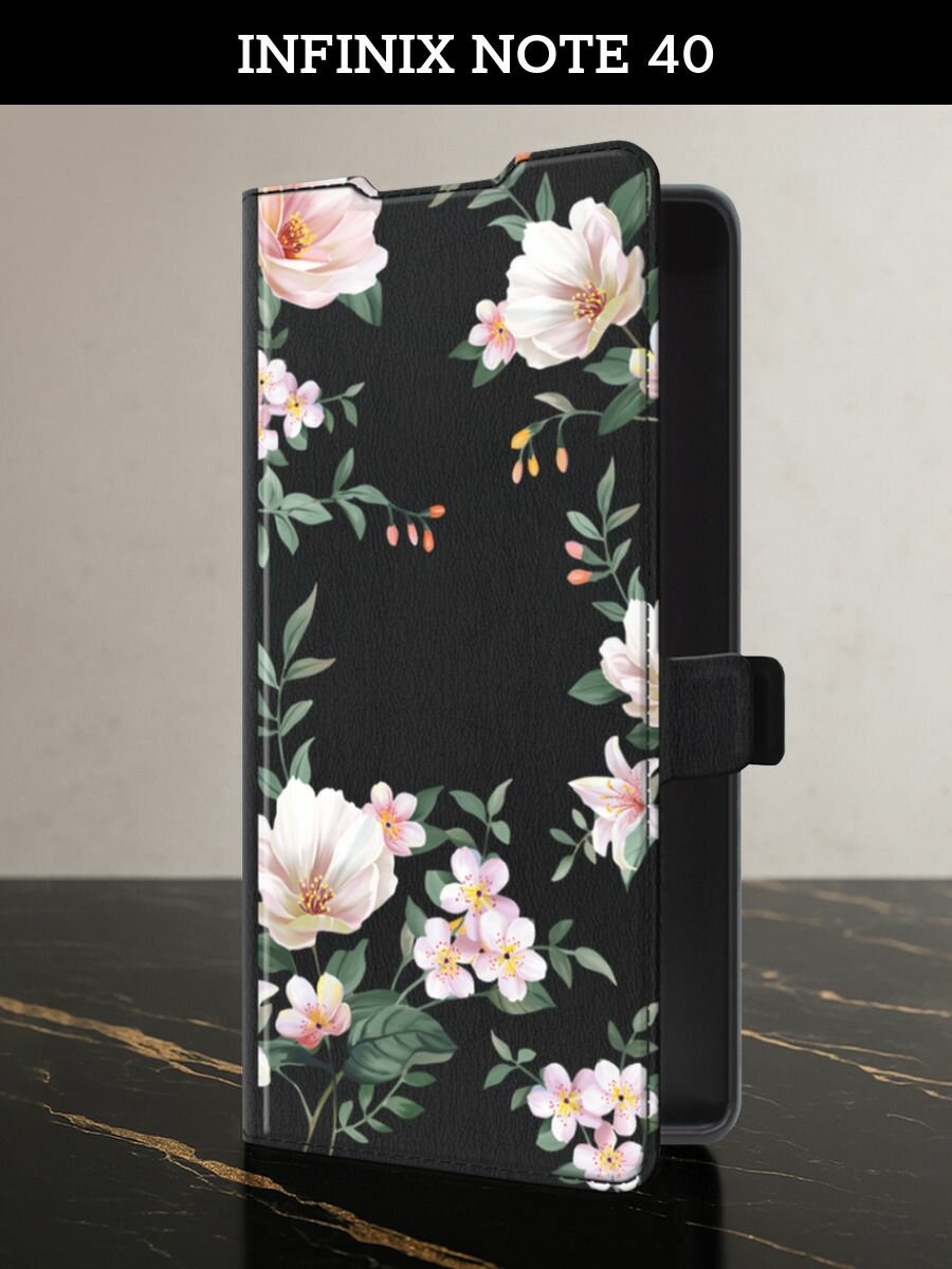 Чехол-книжка на Infinix Note 40 (Инфиникс Нот 40) с картой и принтом "Beautiful white flowers"