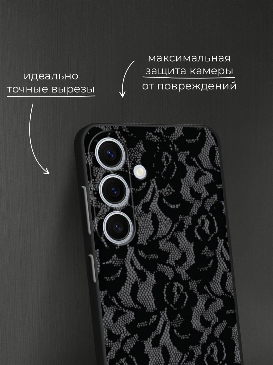 Черный матовый чехол на Samsung Galaxy S24 FE 5G / Самсунг S24 FE с принтом Черные кружева цветов — фото 1