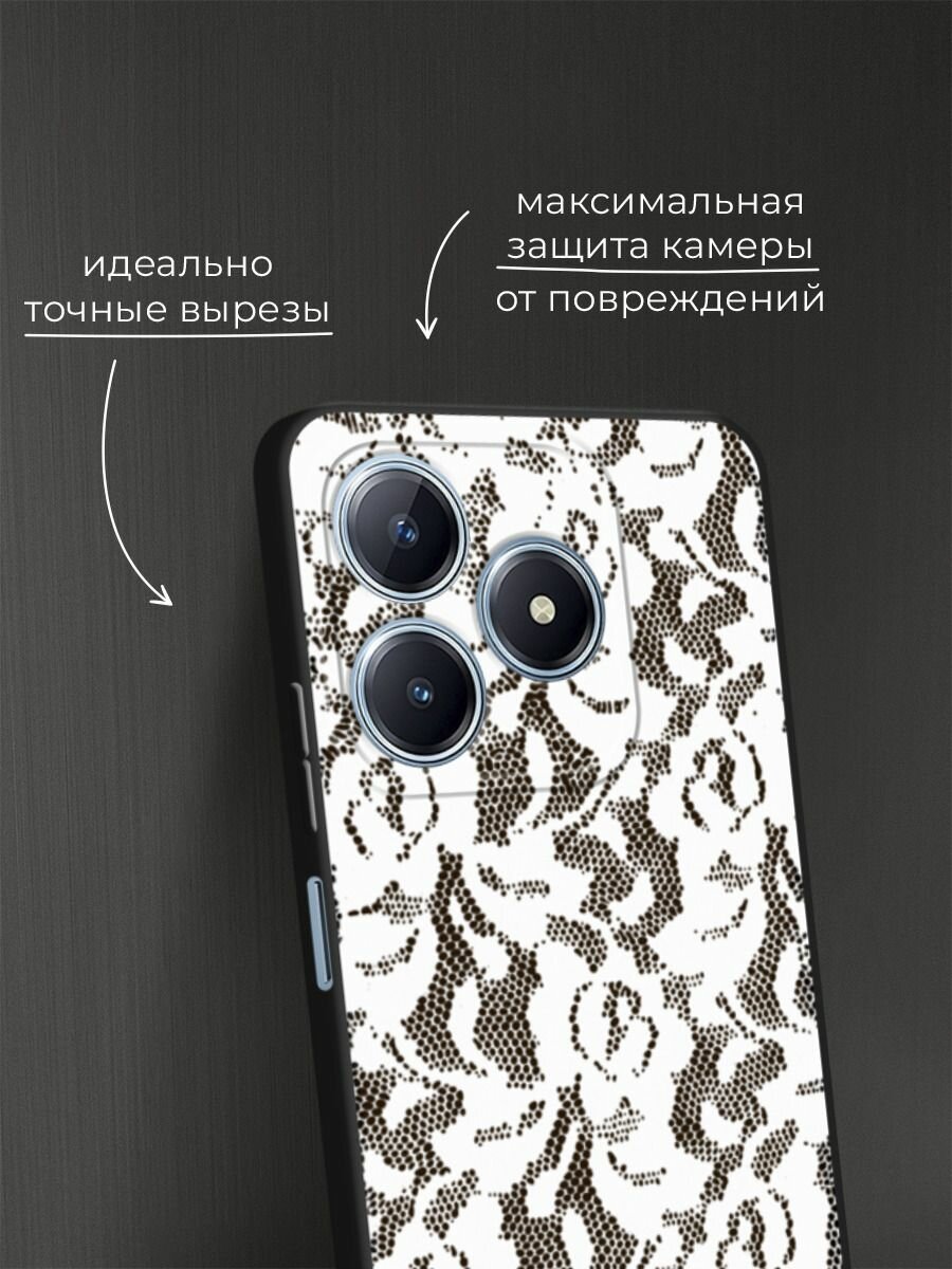 Черный матовый чехол на Realme C63 / Реалми С63 с принтом Белые кружева цветов — фото 1