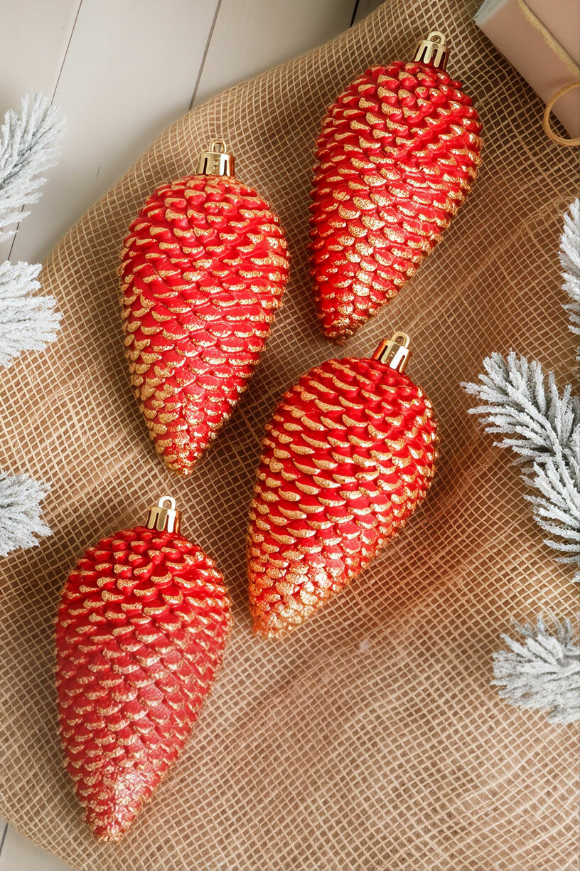 Набор ёлочных украшений мерцающие шишки, пластиковые, цвет: красный, 12х7 см, 4 шт, Winter Deco 028522