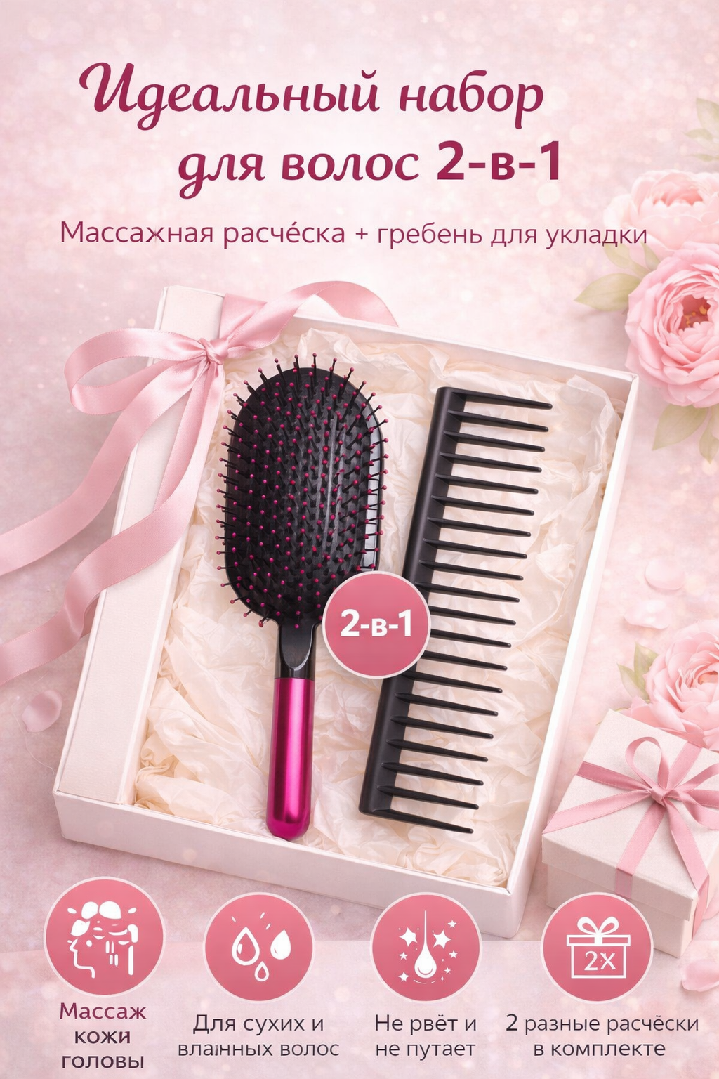 Набор для ухода за волосами 2-в-1: массажная расчёска с воздушной подушкой + гребень для укладки