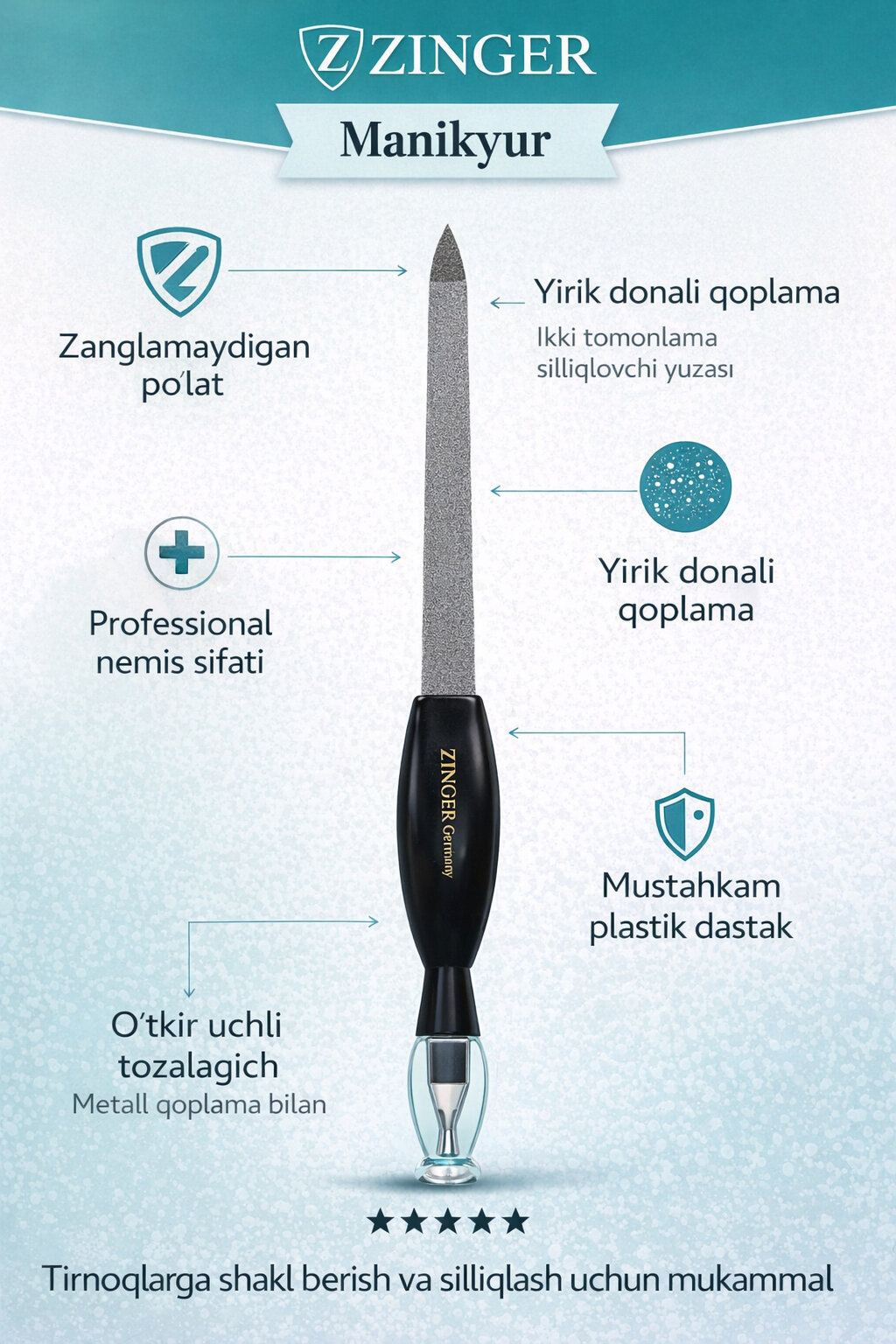 Пилка для ногтей ZINGER Professional – Двусторонняя, Нержавеющая Сталь, Немецкое Качество