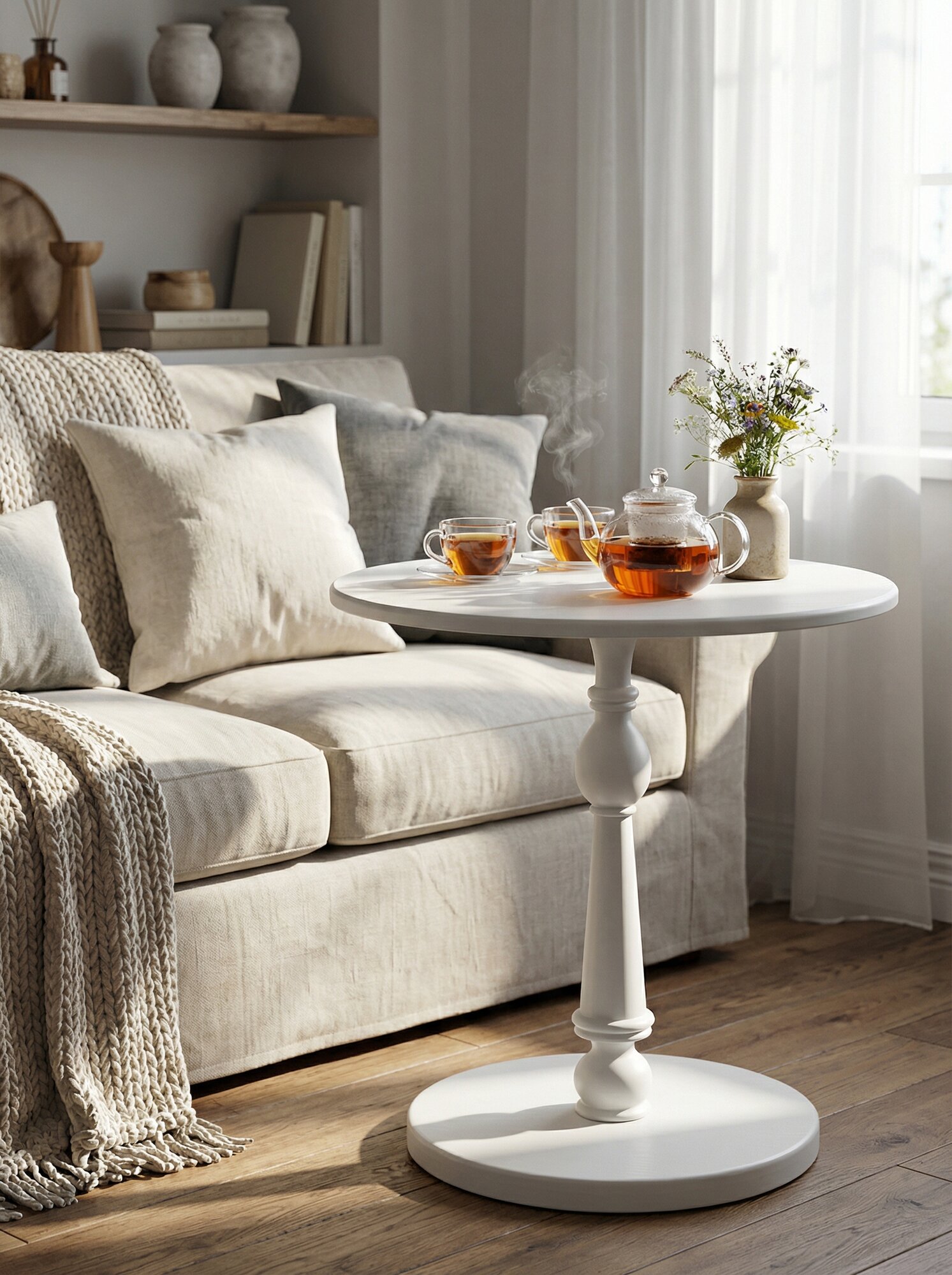 Стол журнальный IFERS Рио 5 в гостиную, круглый, кофейный цвет белый ясень