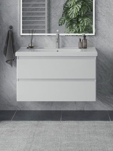 Изображение товара Тумба подвесная SanStar Riana 100 с раковиной Гармония 100 (комплект) для ванной комнаты, белая