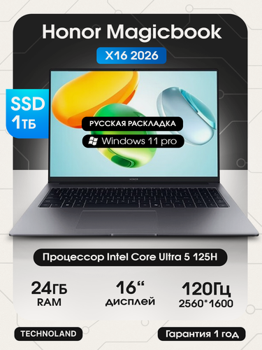 Изображение товара 16" Ноутбук Honor MagicBook X16 2026 2560х1600, 120Hz, Ultra5-125H, RAM 24, SSD 1Тб, Win 11 Pro, Русская Клавиатура