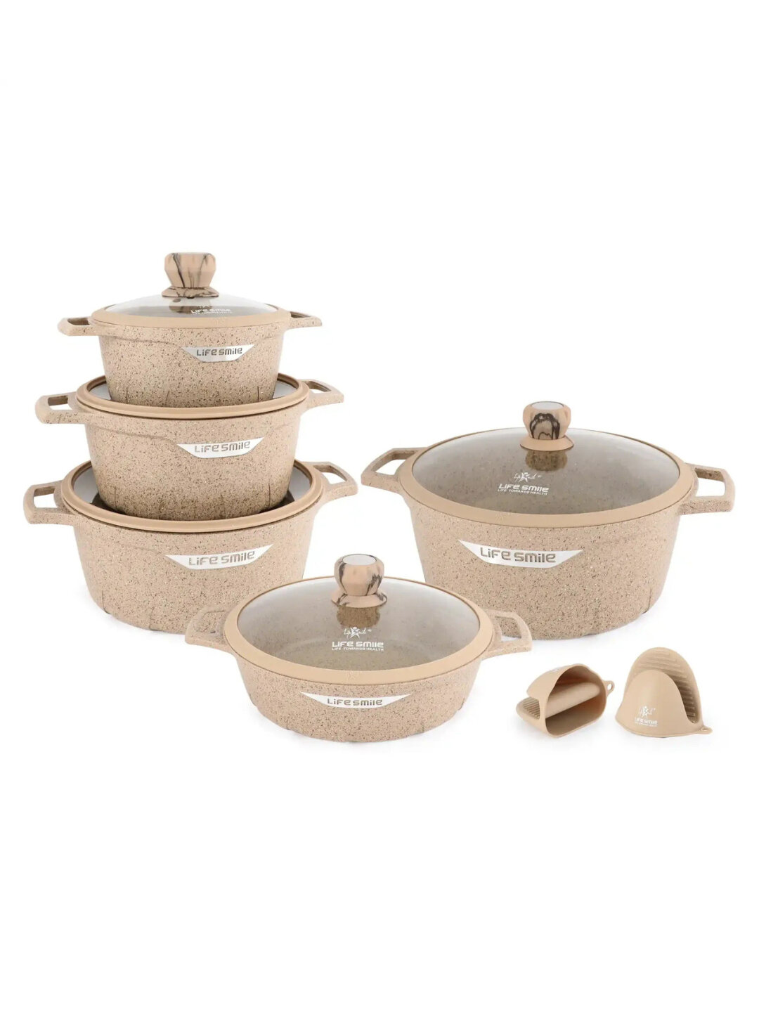 Life Smile Premium набор посуды с гранитным покрытием, 7 предметов (для индукции) - Бежевый