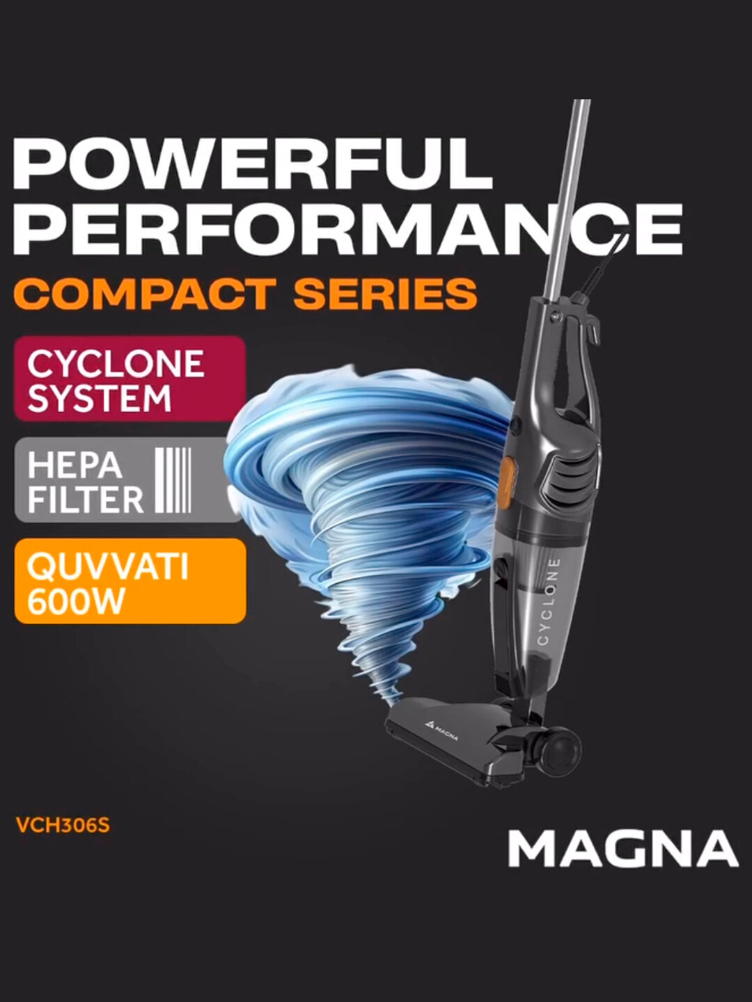 Вертикальный пылесос Magna VCH306S — 600 Вт, циклоническая система, нера-фильтр