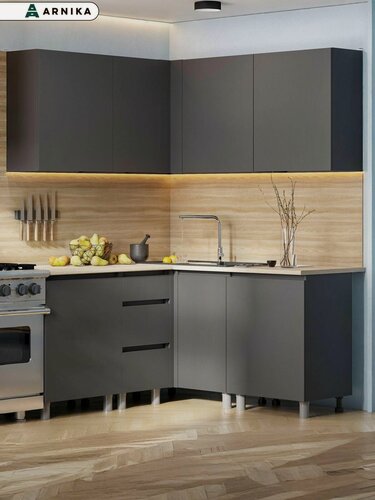 Изображение товара ARNIKA Кухонный гарнитур угловой Довер без столешницы, 147.6х148.8м, графит