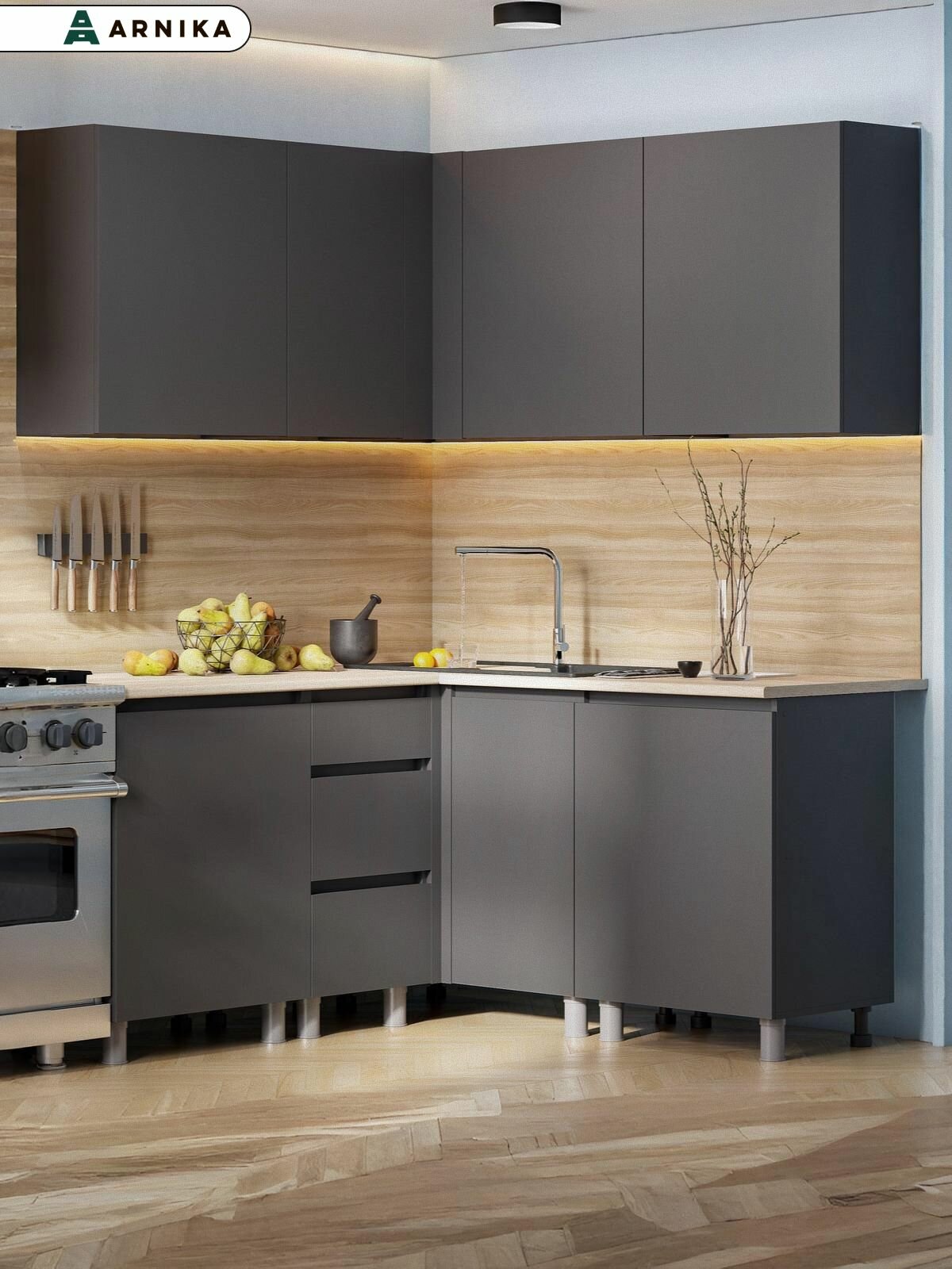 ARNIKA Кухонный гарнитур угловой Довер без столешницы 147.6х148.8м графит