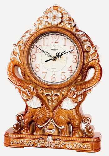 Изображение товара Фигурные настольные часы MIRRON P3011B СБ/Часы со слонами/Часы с узорами/Светлый коричневый цвет корпуса/Светлый циферблат/Часы в комнату, спальню/Домашний декор/Накладные цифры