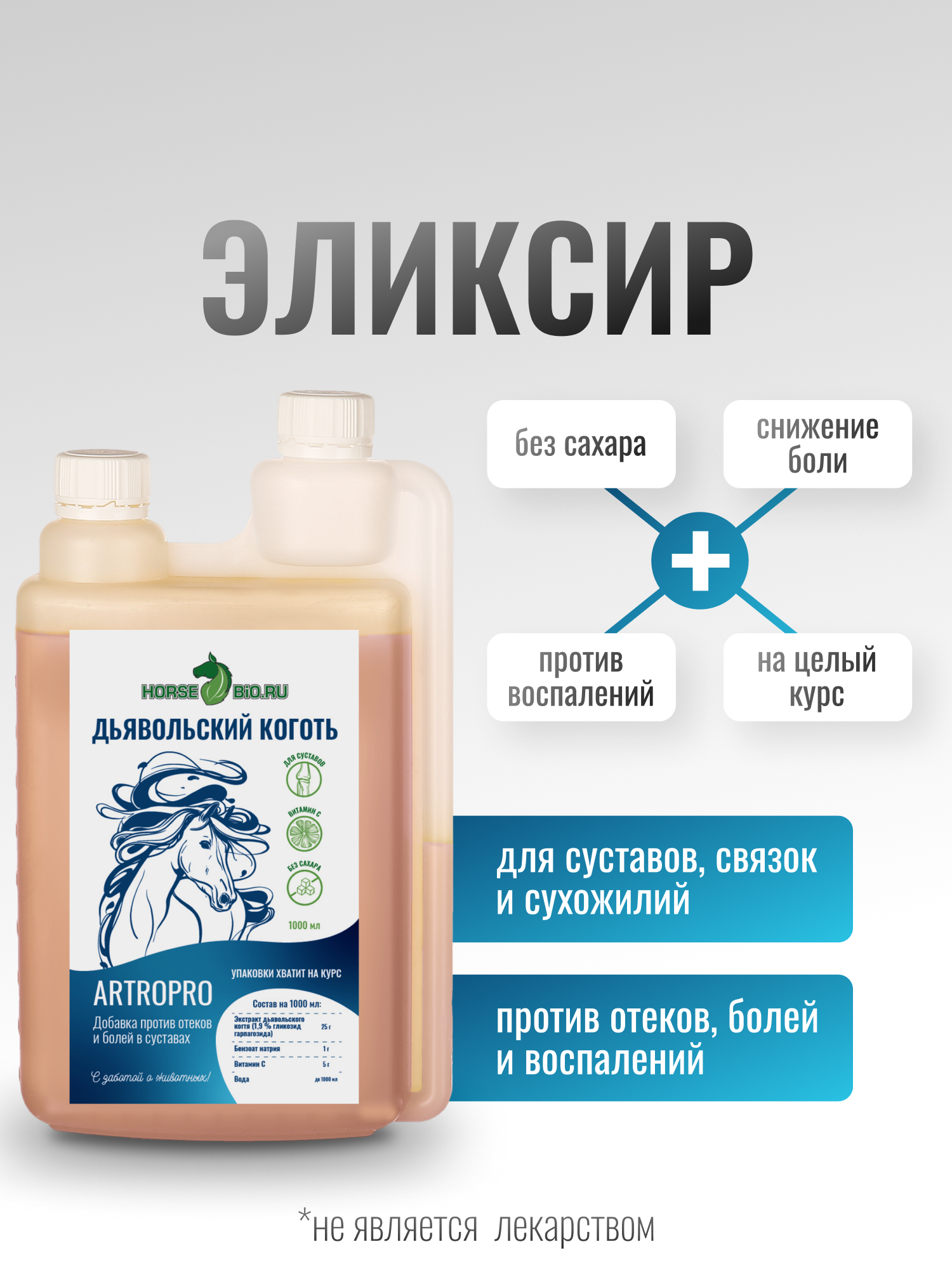 Кормовая добавка, Эликсир дьявольский коготь Horse-Bio ArtroPro с витамином С на водной основе для лошадей, 1000 мл