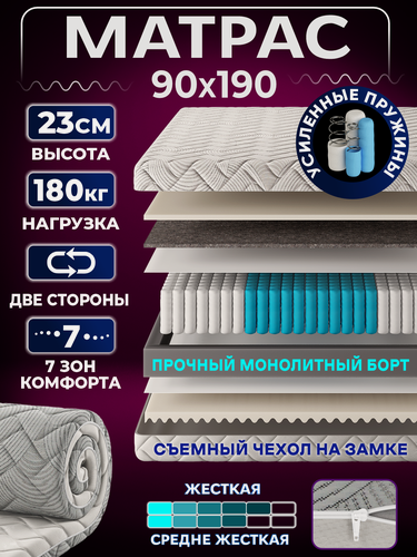 Изображение товара Ортопедический односпальный матрас 90х190 см на кровать, рулонный, независимый пружинный блок, съемный чехол Ами Мебель