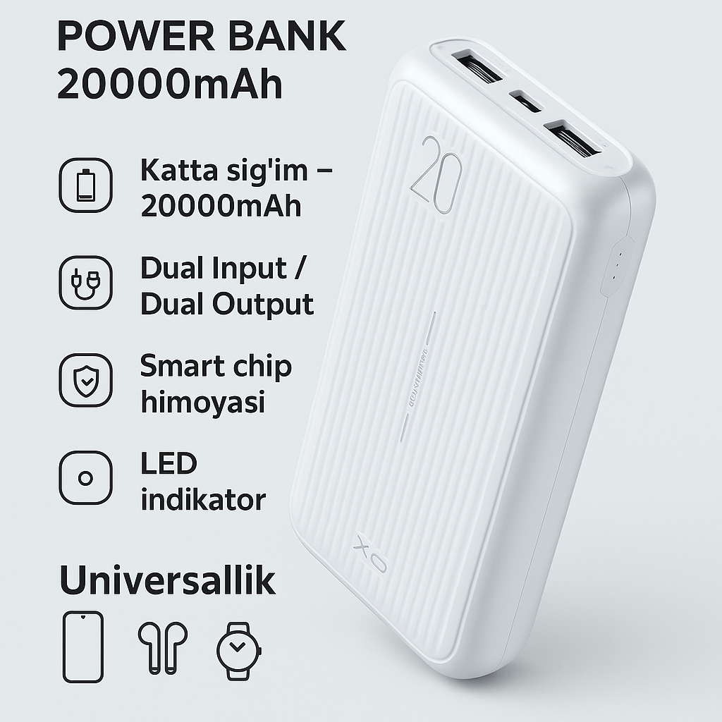 Аккумулятор XO PB302, 20000mAh, 3 места для аккумуляторов, 2 входа, 2 выхода, белый