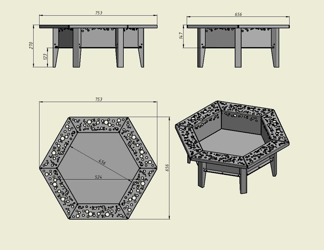 Костровая чаша 750х270 2мм модель 205 шестигранники mini не крашеная