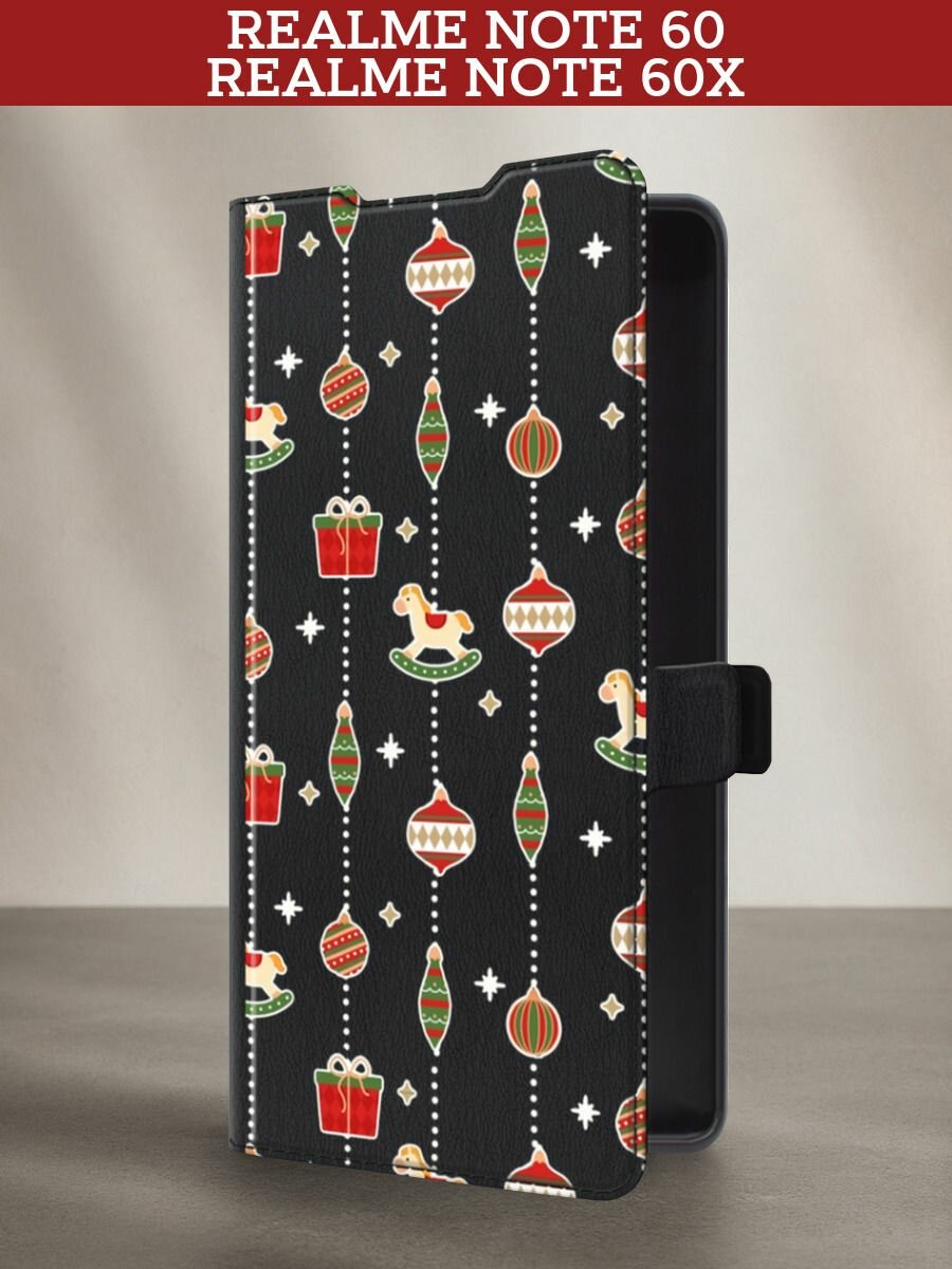Чехол-книжка на Realme Note 60/Note 60X / Реалми Нот 60/Нот 60Х с рисунком "Новогодняя гирлянда с лошадками 2"