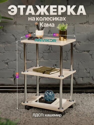 Изображение товара Этажерка косметологическая тележка ЛДСП с колесиками 3 полки для парикмахера Кама серый