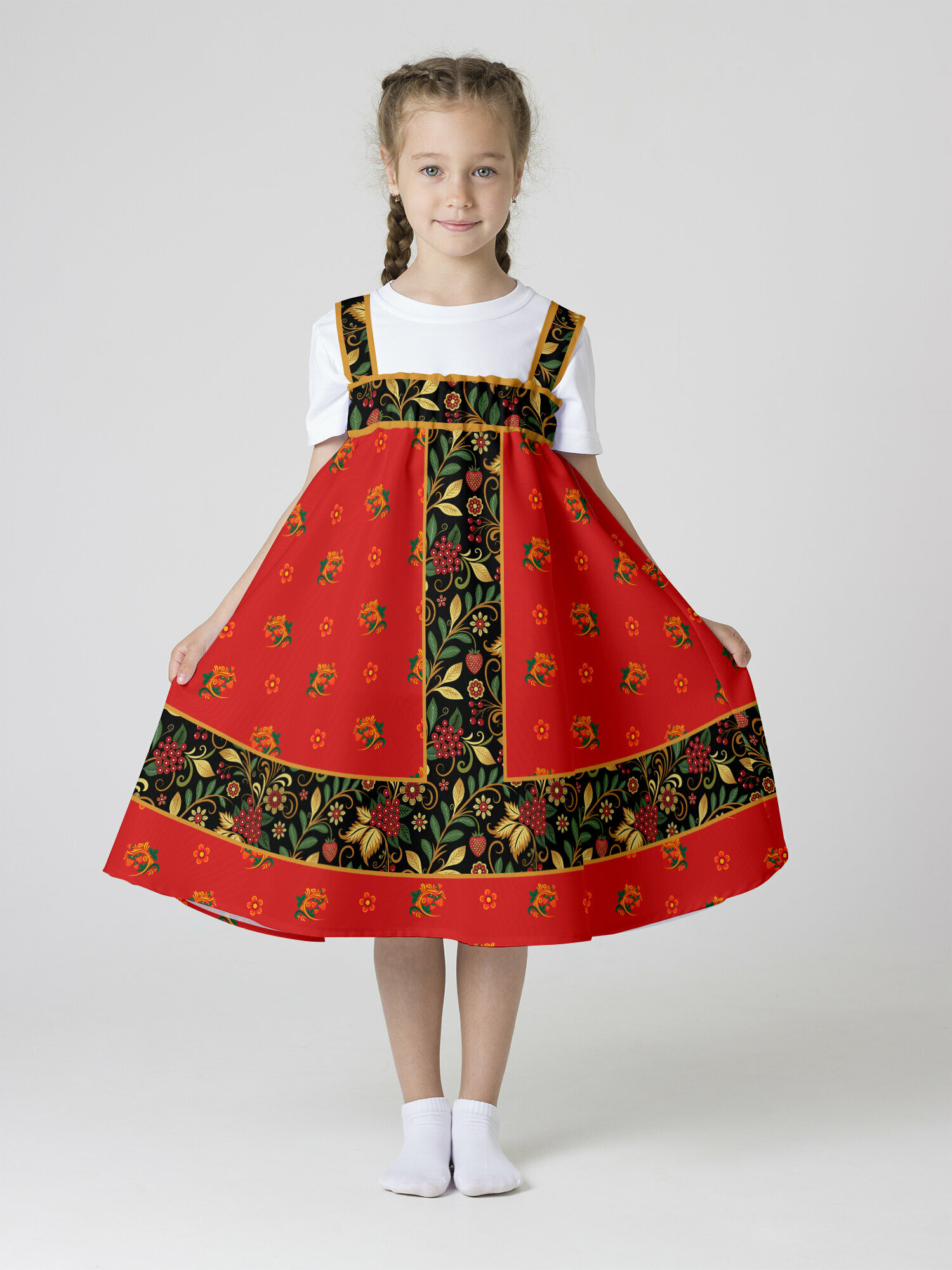 Сарафан детский русский народный для танцев Хохлома, на резинке