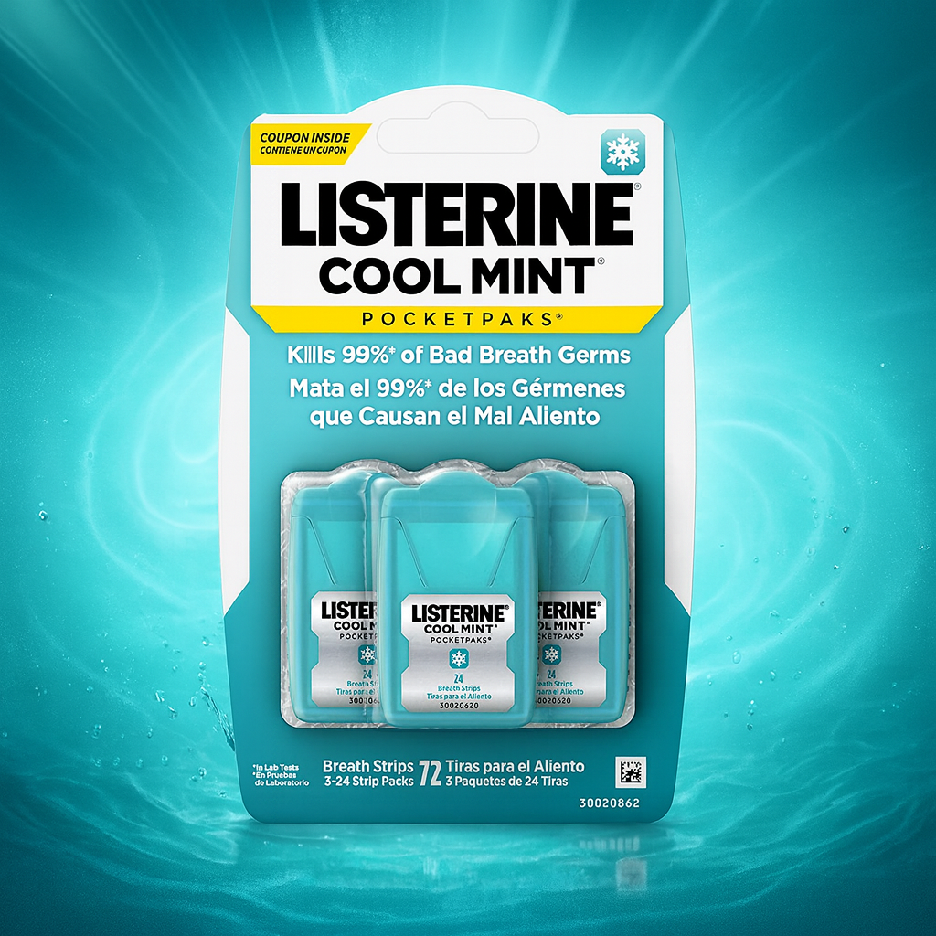 Listerine Cool Mint Pocketpaks Breath Strips Освежающие полоски 3 упаковки по 24 полоски в каждой