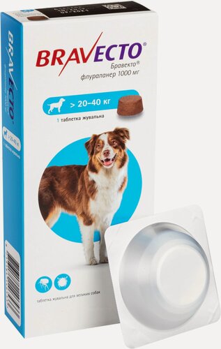 Изображение товара MSD Animal Health Бравекто для собак 20-40 кг, таблетки 1000 мг 1 шт. в уп, 1 уп.