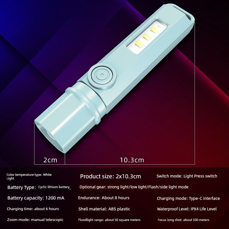 USB-заряжаемый светодиодный фонарик мини-портативный аварийный свет с регулируемым фокусом и боковым светом, зеленый