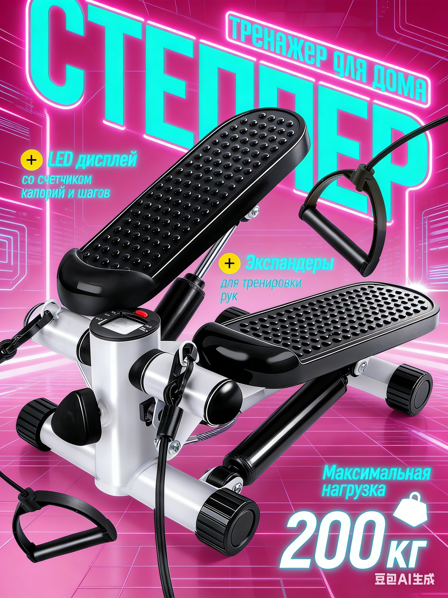 Степпер-тренажер для ног, бедер и ягодиц с эспандерами, максимальная нагрузка 200 кг