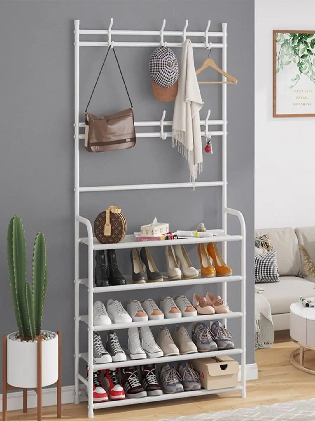 Напольная вешалка, металл, 8 крючков, 4 полки, до 12 пар обуви