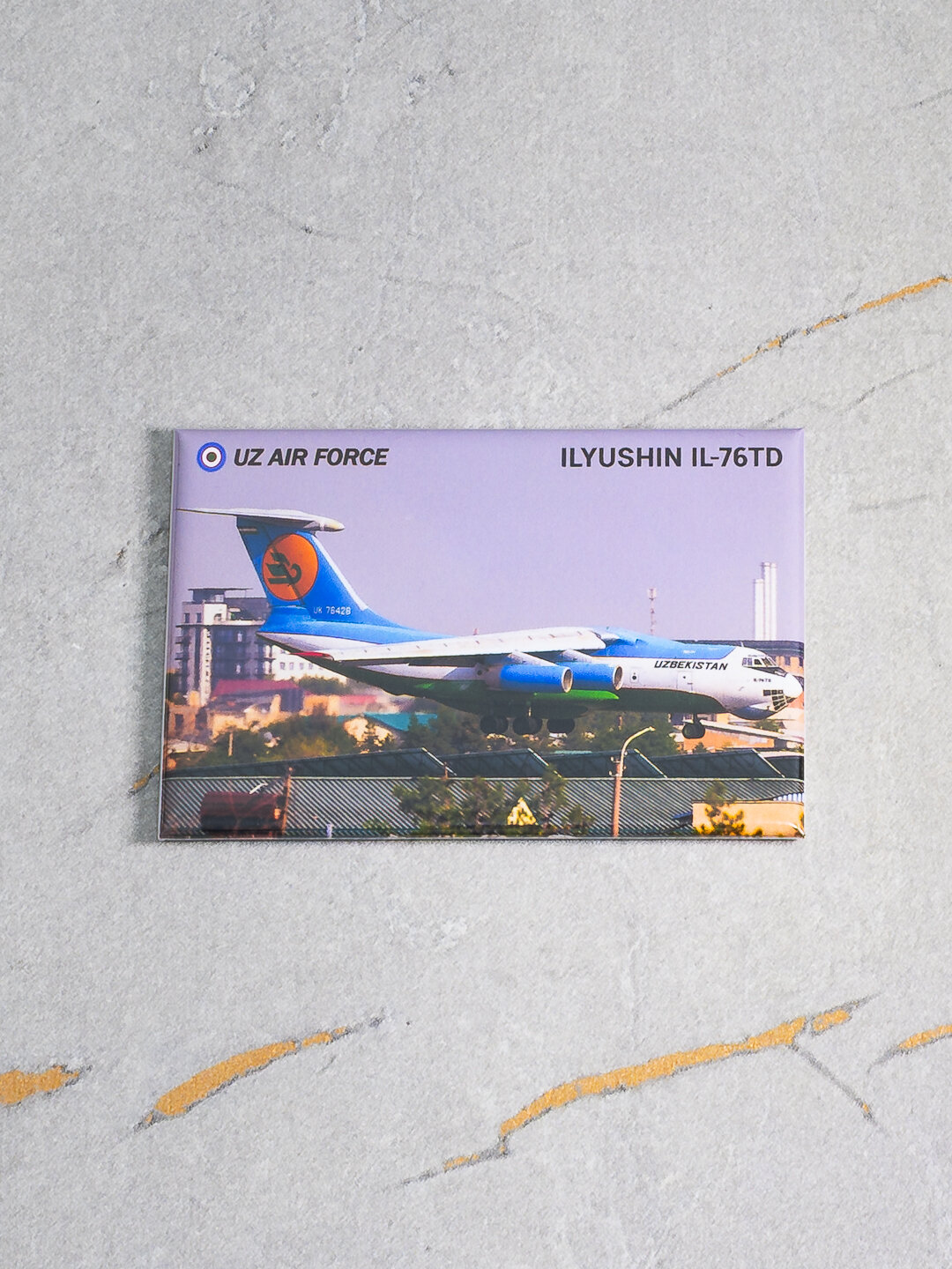 Фото магнит (авиасувенир), фото самолёта Ильюшин ИЛ-76ТД Uz Air Froce, размер 8x5 см