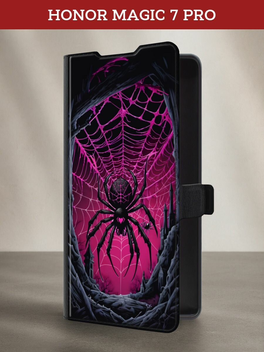 Чехол-книжка на Honor Magic 7 Pro / Хонор Мэджик 7 Про с принтом Эмо паук, черный
