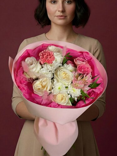 Изображение товара Сборный букет "Сила притяжения" с пионовидными розами, хризантемой