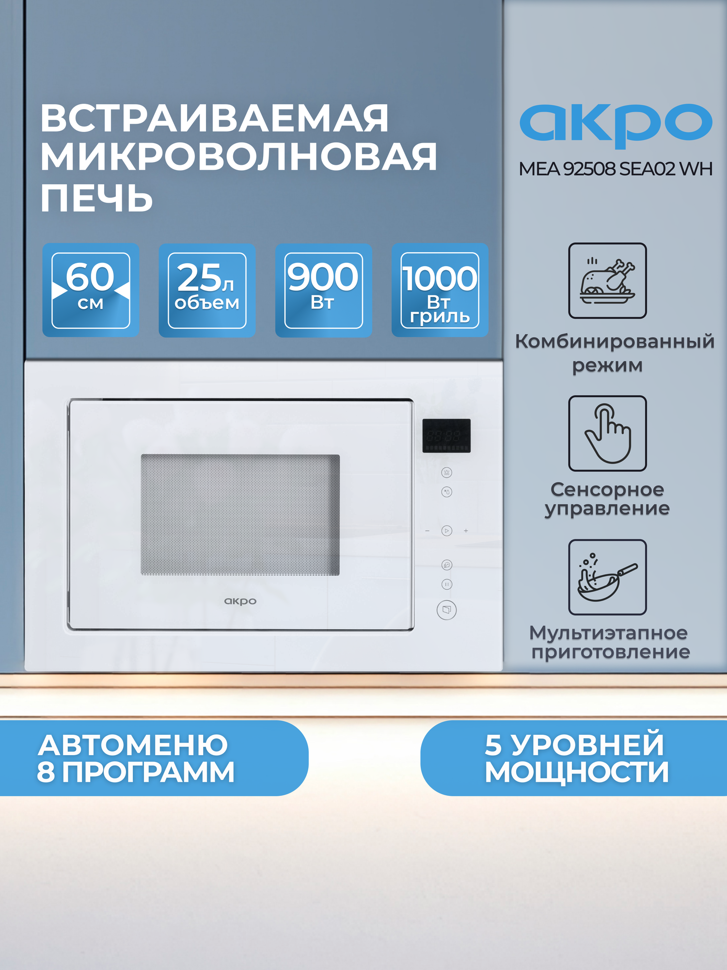 Микроволновая печь AKPO MEA 92508 SEA02 WH, с грилем и сенсорным управлением, 25л