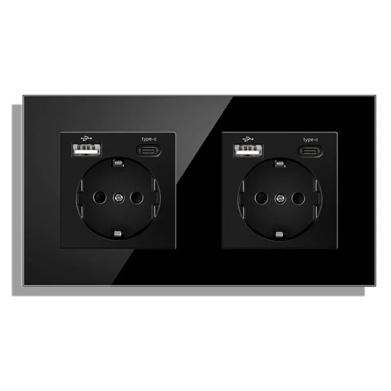 Розетка электрическая 2 поста, с Usb/Type-C АC, рамка 157х86мм стекло, цвет черное