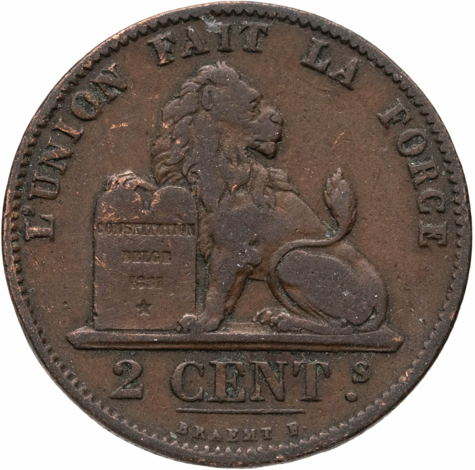 Бельгия 2 сантима centimes 1876 Надпись на французском - 'DES BELGES', Медь, в сохранности VF