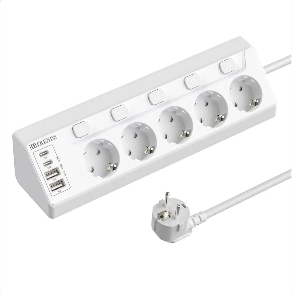 Удлинитель с 5 розетками и 2 USB + 2 Type-C, индивидуальные выключатели, защита от перегрузки, 4000W 16A 250V, огнестойкий и пылезащитный