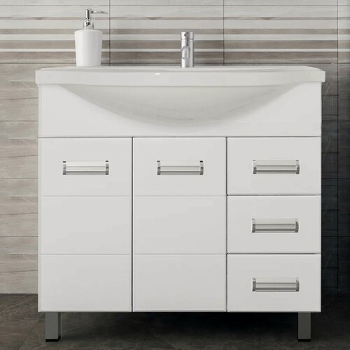 Изображение товара Тумба с раковиной Style Line Ирис 100 напольная, 99 см, белая, глянцевая, из МДФ, с ящиками, с дверками, раковина для ванной, фаянсовая, прямоугольная