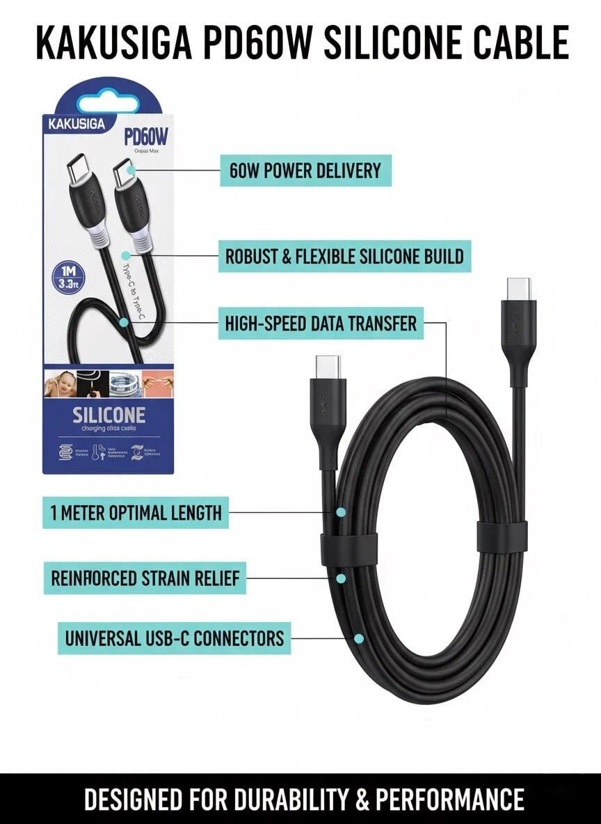 Кабель Kakusiga Type-C, 60Вт, 1м, силиконовый, огнестойкий, черный — фото 1