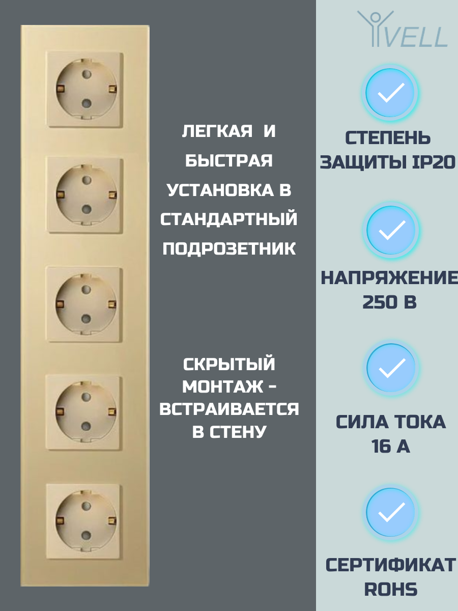 Набор Розетка золотая, электрическая, 5 постов, стеклянная рамка Vell {GD5P-EU} 5 шт — фото 1