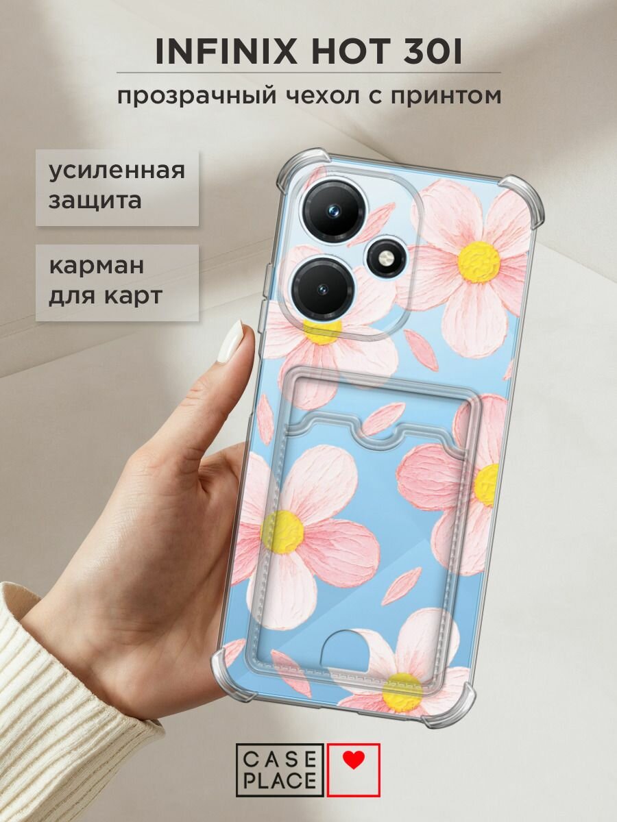 Чехол на Infinix Hot 30i (Инфиникс Хот 30i) с картой и принтом "Розовые ромашки"