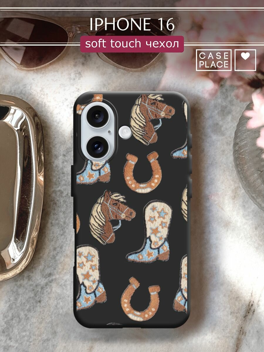 Чехол на Apple iPhone 16 / Айфон 16 с принтом "Конь, подкова и сапог 2"