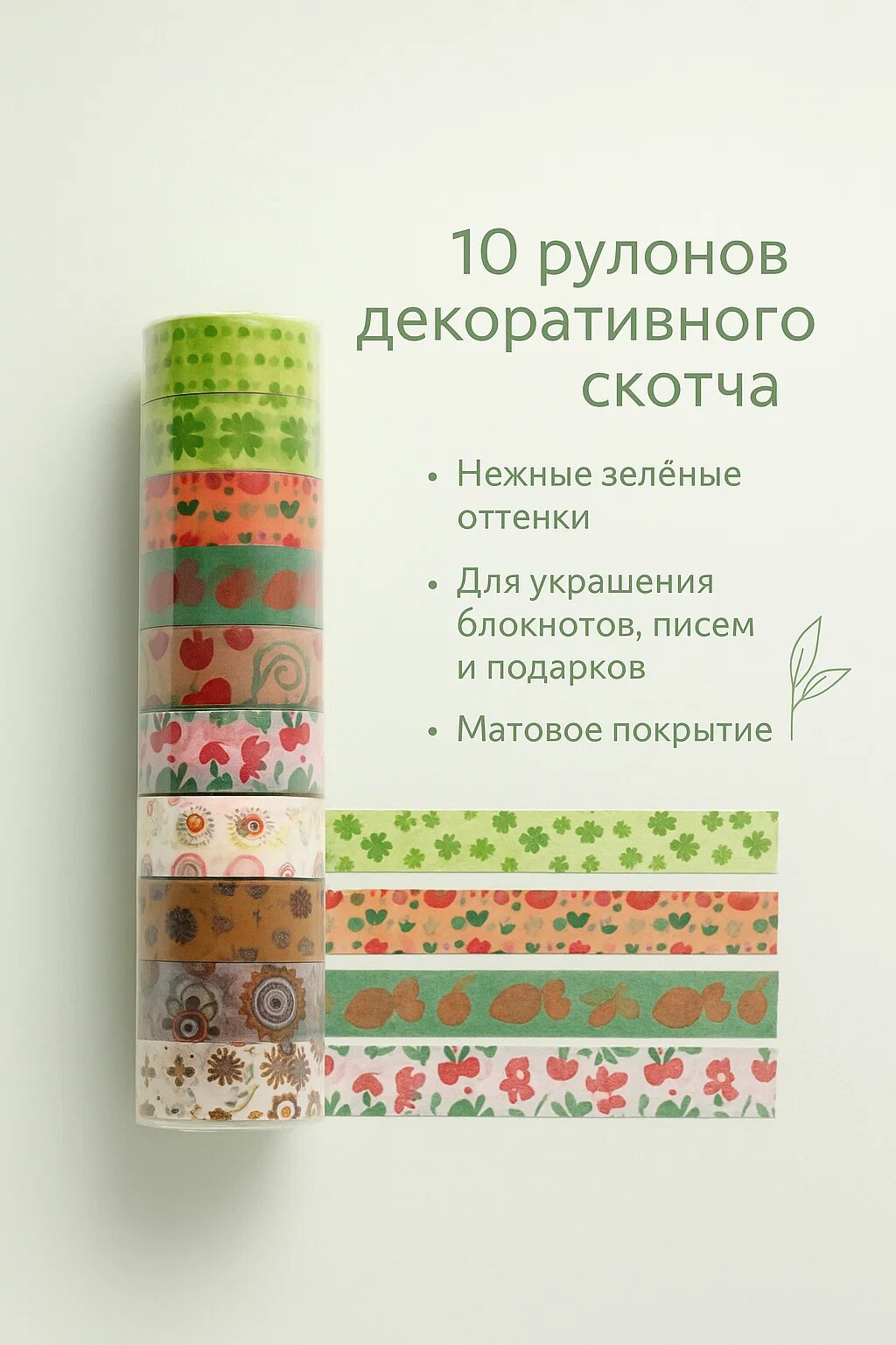 Набор декоративного скотча 10 рулонов — зелёные матовые оттенки для блокнотов, писем и подарков
