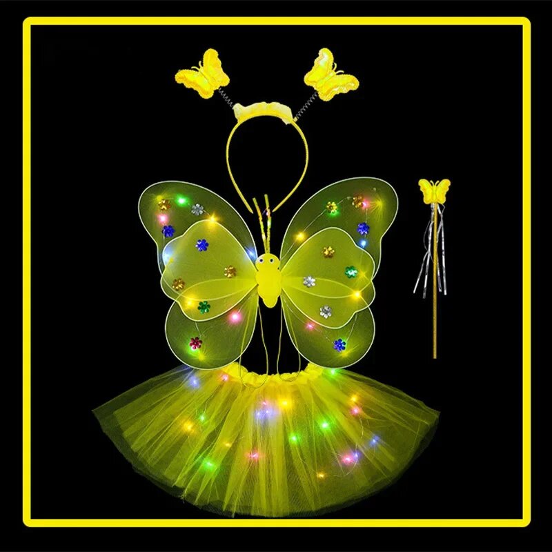 LED Children Costume Props Girls Skirts Angel Luminous Wings Flashing Butterfly Skirt Lights Suit 2-8year Easter Valentines Day