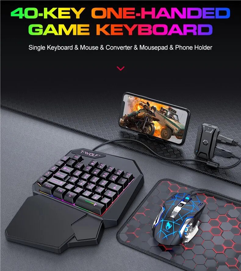 (Проводная клавиатура T-WOLF TF900 RGB Одноручная клавиатура и мышь Док-станция расширения трона Адаптер Android IOS