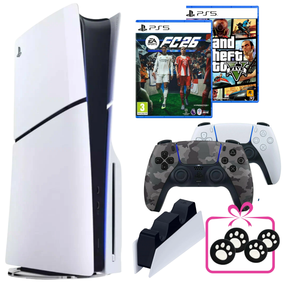 Игровая приставка PS5 Slim с дисководом 2-й геймпад камуфляж FIFA 26 (новинка) зарядная станция