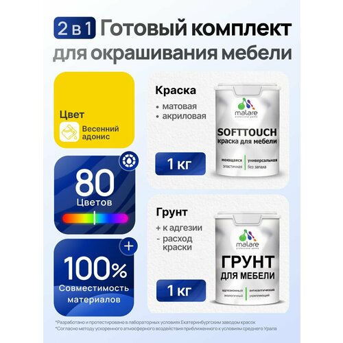 фото Комплект malare для окрашивания мебели, кухонных фасадов (1кг грунт + 1кг краска), без запаха, цвет весенний адонис