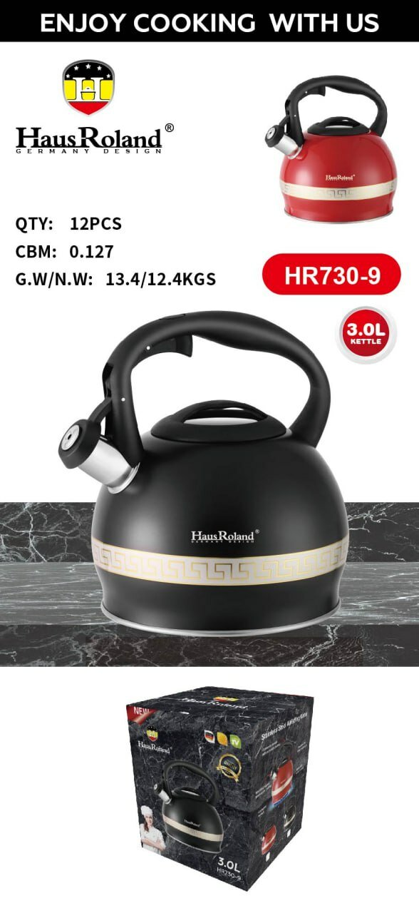 Большой чайник 3 л со свистком — Подходит для всех типов плит, матовая поверхность