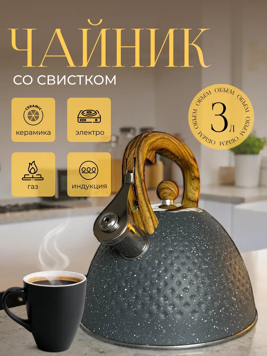 Большой чайник 3 л со свистком — Подходит для всех типов плит, матовая поверхность