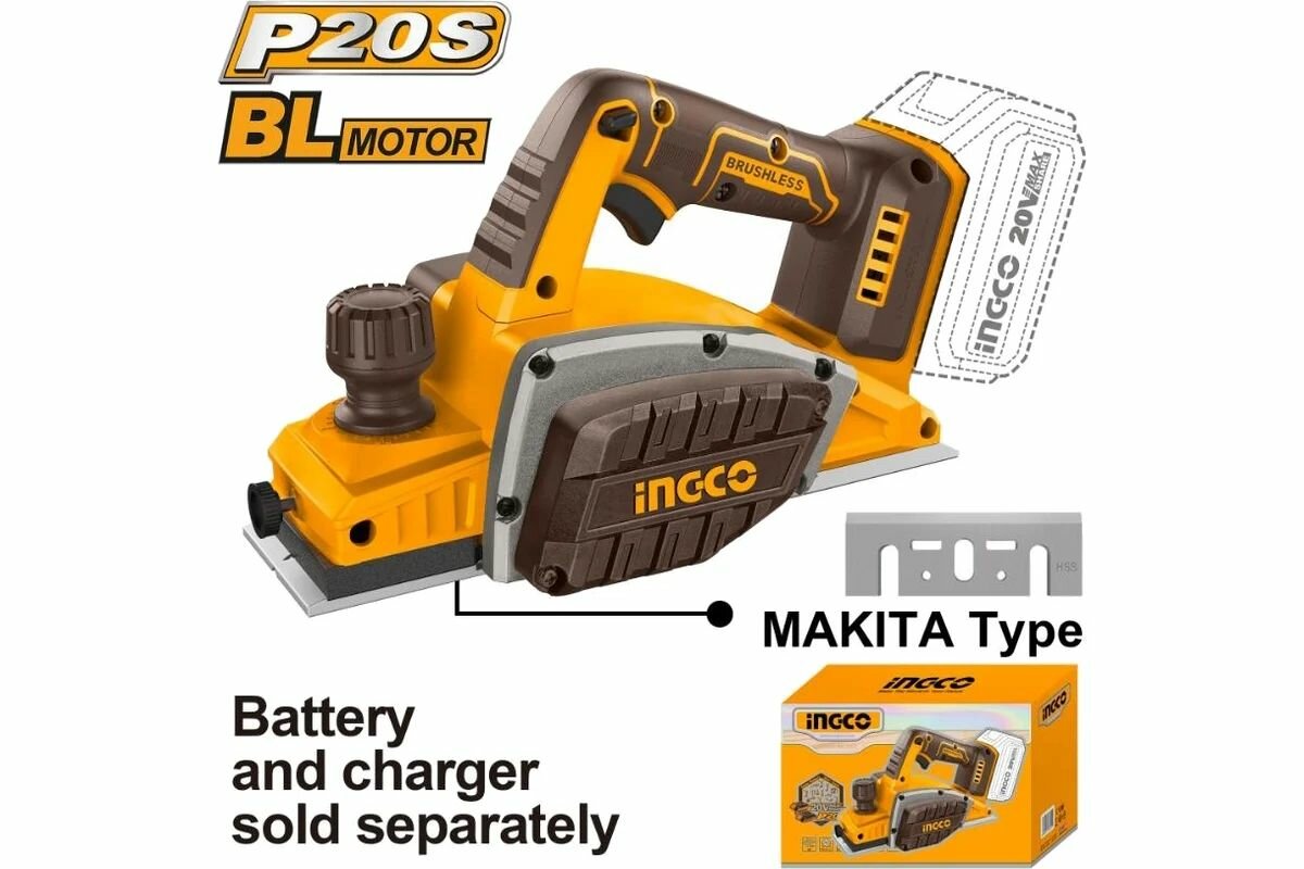 Аккумуляторный рубанок 20В BL без АКБ и ЗУ коробка INGCO INDUSTRIAL CRLI20401
