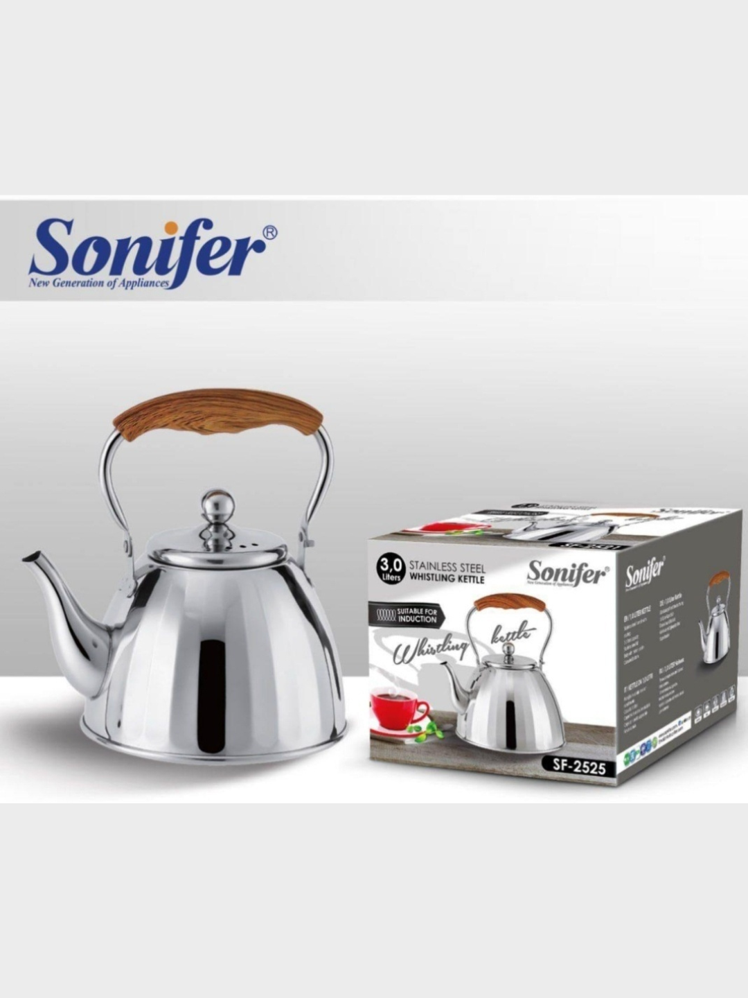 Чайник SONIFER , металлический, SF-2525, со свистком для всех видов плит, 3.0 л