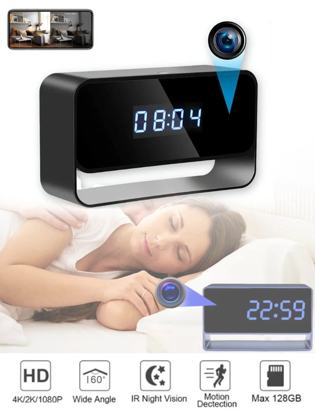 Мини-камера часы будильник 4K Full HD с Wi-Fi, беспроводная камера с ночным видением
