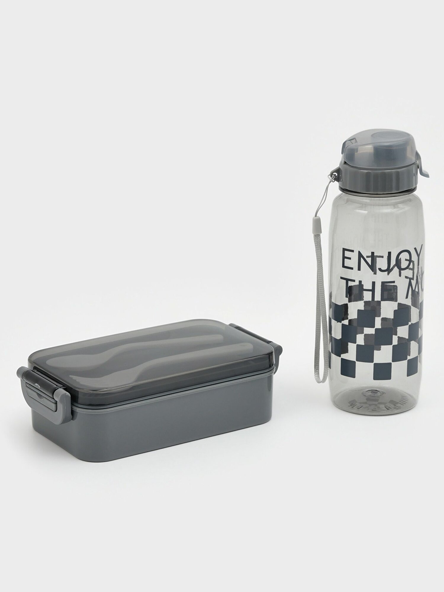 Ланч бокс, 4 предмета: бутылка 500 мл, контейнер 20х17х5,5 см, вилка, ложка набор посуды с собой Доляна, пластик, серый